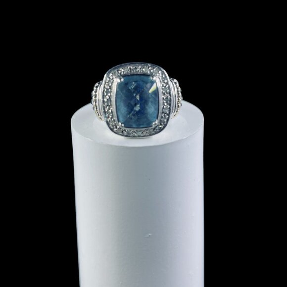 925 Silver Blue Topaz Diamond Ring Cushion Cut Gold Accents Cocktail Jewelry - Picture 6 of 11